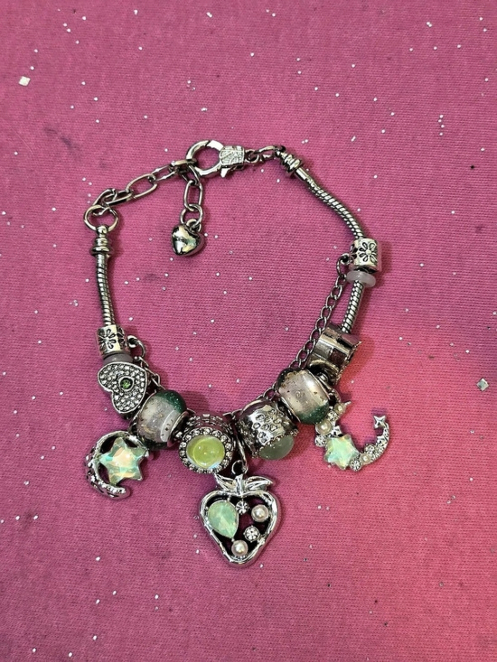 Silver Tone Cable Chain Charm Bracelet w/ Light Green Moon & Star Dangle Charms